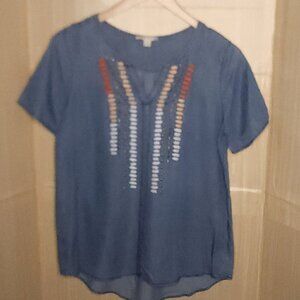Est 1946 Blue Boho Embroidered Short Sleeve Rayon Blend Top Medium